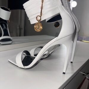 Versace White Leather Ankle-Strap Stiletto Sandals with Gold Medallion